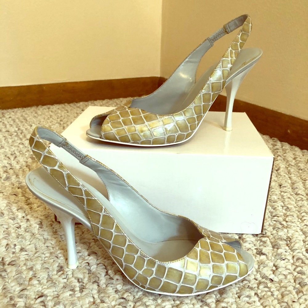 Enzo Sling back, peep toe pumps.